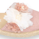 Makeup pink linen canvas girl espadrille shoes with flowers and pearls design.