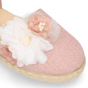 Makeup pink linen canvas girl espadrille shoes with flowers and pearls design.