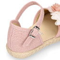 Makeup pink linen canvas girl espadrille shoes with flowers and pearls design.