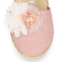 Makeup pink linen canvas girl espadrille shoes with flowers and pearls design.