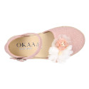 Makeup pink linen canvas girl espadrille shoes with flowers and pearls design.