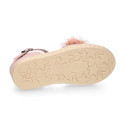 Makeup pink linen canvas girl espadrille shoes with flowers and pearls design.