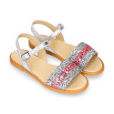 Leather Girl Sandal shoes with silver and pink glitter design.