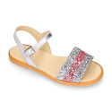 Leather Girl Sandal shoes with silver and pink glitter design.