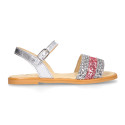 Leather Girl Sandal shoes with silver and pink glitter design.