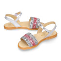 Leather Girl Sandal shoes with silver and pink glitter design.