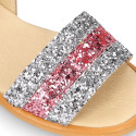 Leather Girl Sandal shoes with silver and pink glitter design.