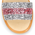 Sandalia Niña en piel con glitter plata y rosa.
