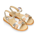 Leather Girl Sandal shoes with h shape design in gold color.