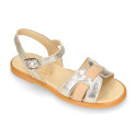 Leather Girl Sandal shoes with h shape design in gold color.