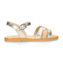 Leather Girl Sandal shoes with h shape design in gold color.