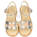 Leather Girl Sandal shoes with h shape design in gold color.