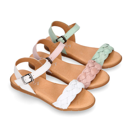 Extra soft Nappa leather Girl sandal shoes with braided design in pastel colors.