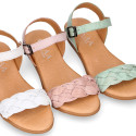 Extra soft Nappa leather Girl sandal shoes with braided design in pastel colors.