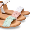 Extra soft Nappa leather Girl sandal shoes with braided design in pastel colors.