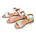 Extra soft Nappa leather Girl sandal shoes with braided design in pastel colors.