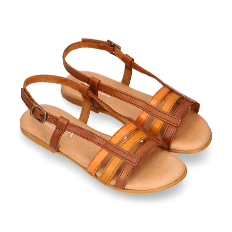 Soft leather Girl sandal shoes with combined straps design.