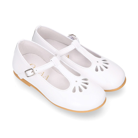 Little T-Strap Okaa Mary Jane shoes in extra soft white Nappa leather with perforated design.