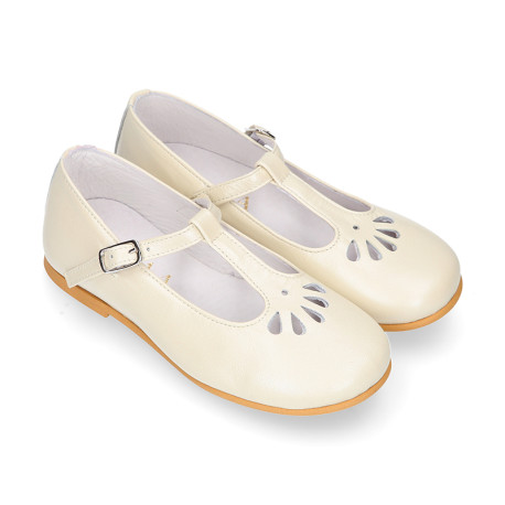 Little T-Strap Okaa Mary Jane shoes in extra soft pearl ivory Nappa leather with perforated design.