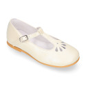 Little T-Strap Okaa Mary Jane shoes in extra soft pearl ivory Nappa leather with perforated design.