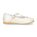 Little T-Strap Okaa Mary Jane shoes in extra soft pearl ivory Nappa leather with perforated design.