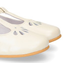 Little T-Strap Okaa Mary Jane shoes in extra soft pearl ivory Nappa leather with perforated design.