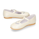 Little T-Strap Okaa Mary Jane shoes in extra soft pearl ivory Nappa leather with perforated design.