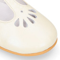 Little T-Strap Okaa Mary Jane shoes in extra soft pearl ivory Nappa leather with perforated design.