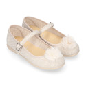 Linen canvas Stylized girl Mary Jane shoes with flower design and buckle fastening.