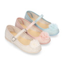 Linen canvas Stylized girl Mary Jane shoes with flower design and buckle fastening.