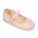 Linen canvas Stylized girl Mary Jane shoes with flower design and buckle fastening.