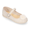 Linen canvas Stylized girl Mary Jane shoes with flower design and buckle fastening.