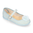Linen canvas Stylized girl Mary Jane shoes with flower design and buckle fastening.