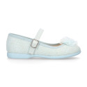 Linen canvas Stylized girl Mary Jane shoes with flower design and buckle fastening.