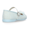 Linen canvas Stylized girl Mary Jane shoes with flower design and buckle fastening.