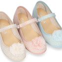 Linen canvas Stylized girl Mary Jane shoes with flower design and buckle fastening.