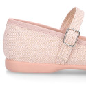 Linen canvas Stylized girl Mary Jane shoes with flower design and buckle fastening.