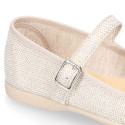 Linen canvas Stylized girl Mary Jane shoes with flower design and buckle fastening.