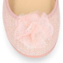 Linen canvas Stylized girl Mary Jane shoes with flower design and buckle fastening.