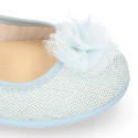 Linen canvas Stylized girl Mary Jane shoes with flower design and buckle fastening.