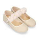 Linen Cotton canvas Girl Mary Jane shoes for Ceremony with buckle fastening with flowers.