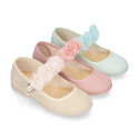 Linen Cotton canvas Girl Mary Jane shoes for Ceremony with buckle fastening with flowers.