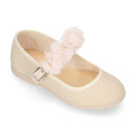 Linen Cotton canvas Girl Mary Jane shoes for Ceremony with buckle fastening with flowers.