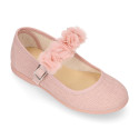 Linen Cotton canvas Girl Mary Jane shoes for Ceremony with buckle fastening with flowers.