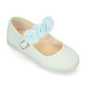 Linen Cotton canvas Girl Mary Jane shoes for Ceremony with buckle fastening with flowers.