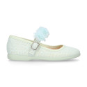 Linen Cotton canvas Girl Mary Jane shoes for Ceremony with buckle fastening with flowers.