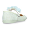 Linen Cotton canvas Girl Mary Jane shoes for Ceremony with buckle fastening with flowers.