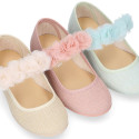 Linen Cotton canvas Girl Mary Jane shoes for Ceremony with buckle fastening with flowers.