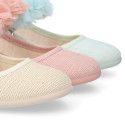 Linen Cotton canvas Girl Mary Jane shoes for Ceremony with buckle fastening with flowers.
