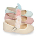 Linen Cotton canvas Girl Mary Jane shoes for Ceremony with buckle fastening with flowers.